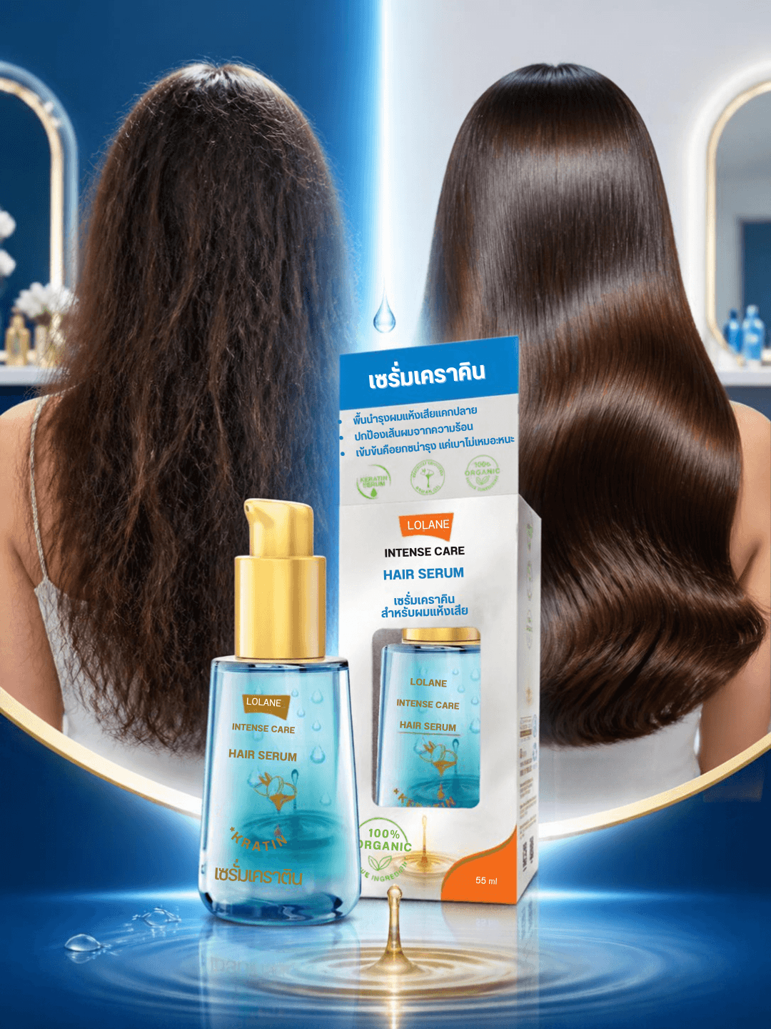 Lolane Intense Care Hair Serum bottle on blue water background