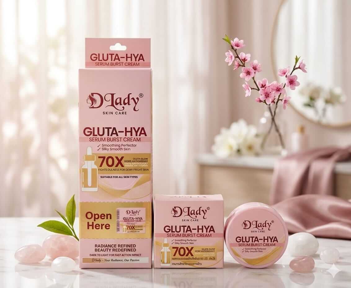 D Lady Gluta-Hya Serum Burst Cream set, 3-piece skin care set for hydration and radiance, featuring serum and cream.