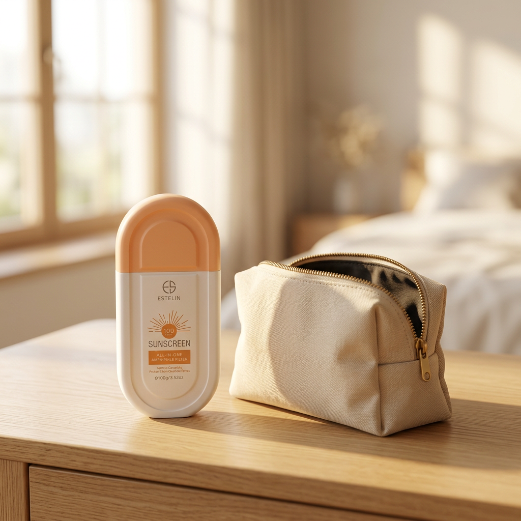 Estelin sunscreen beside a travel cosmetic pouch