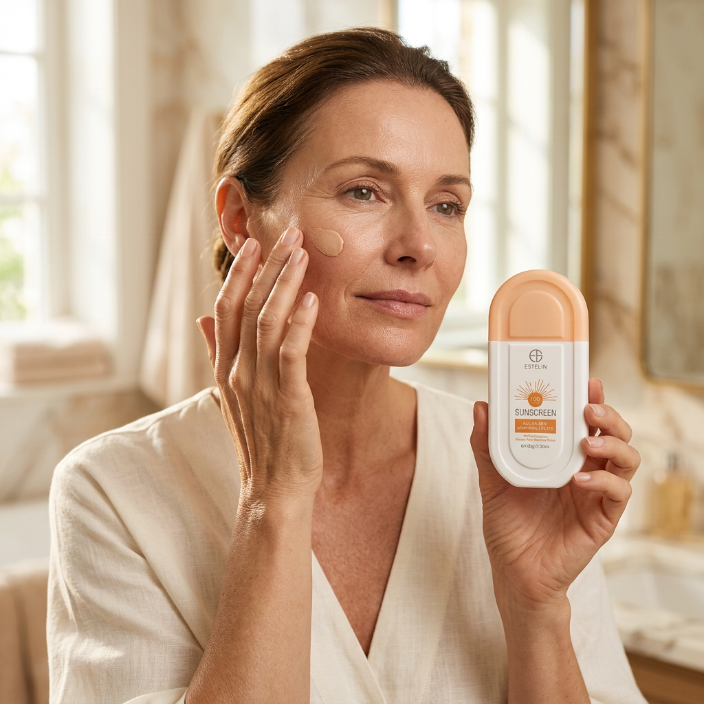 Female model applying sunscreen to her cheek while holding Estelin sunscreen