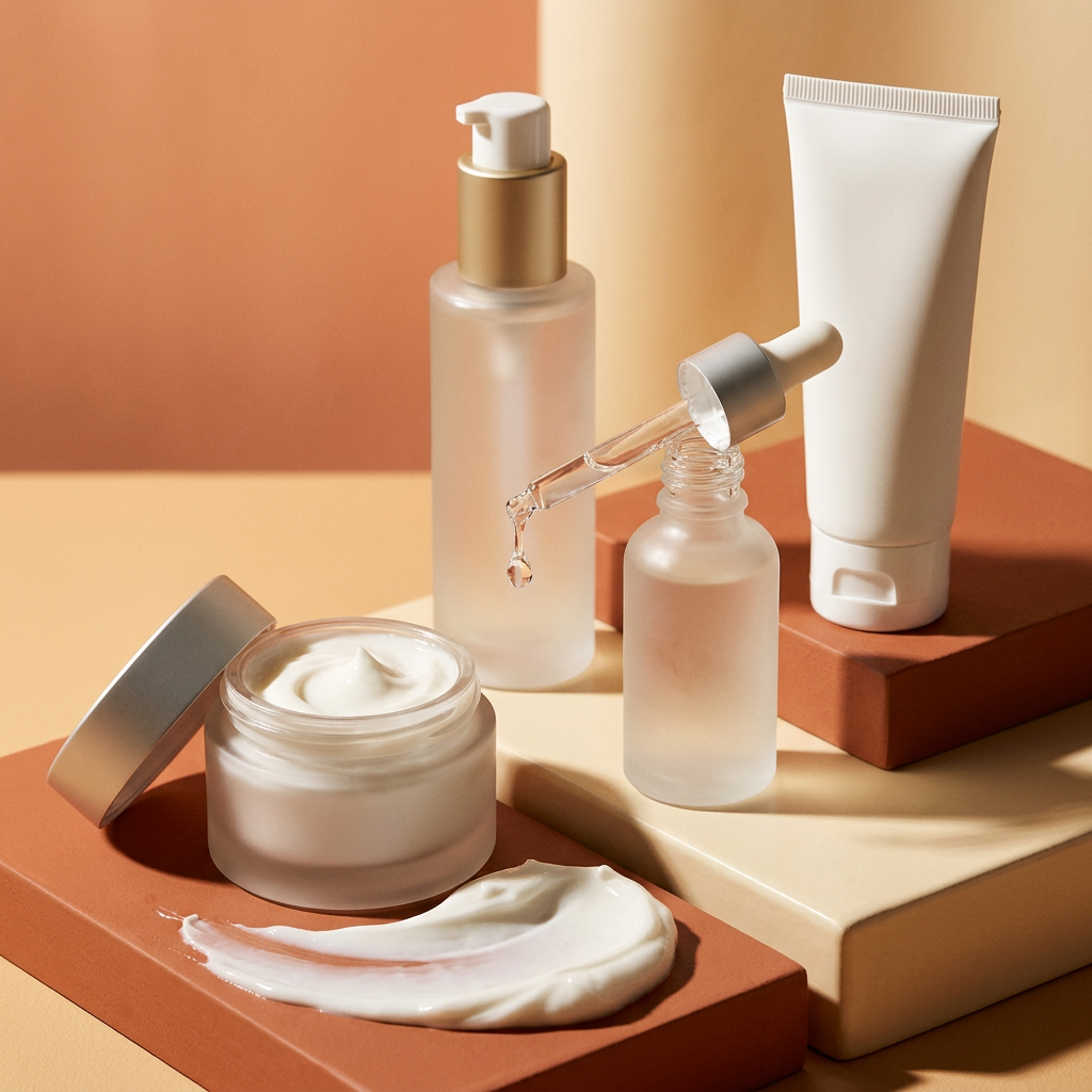 Skincare essentials in warm editorial style