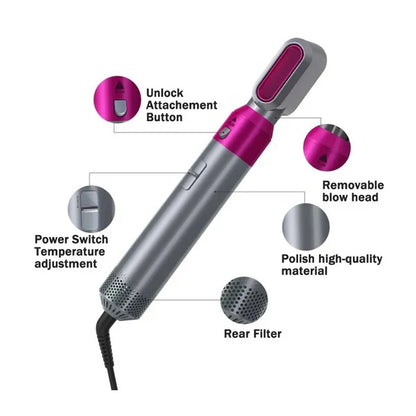 One Step styling tool showing attachment release button, power controls and rear filter