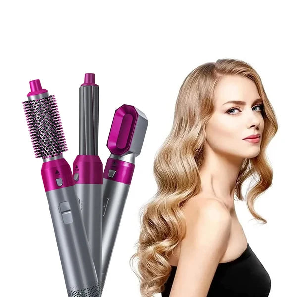 One Step hair dryer, curling barrel and brush shown beside a model with styled hair