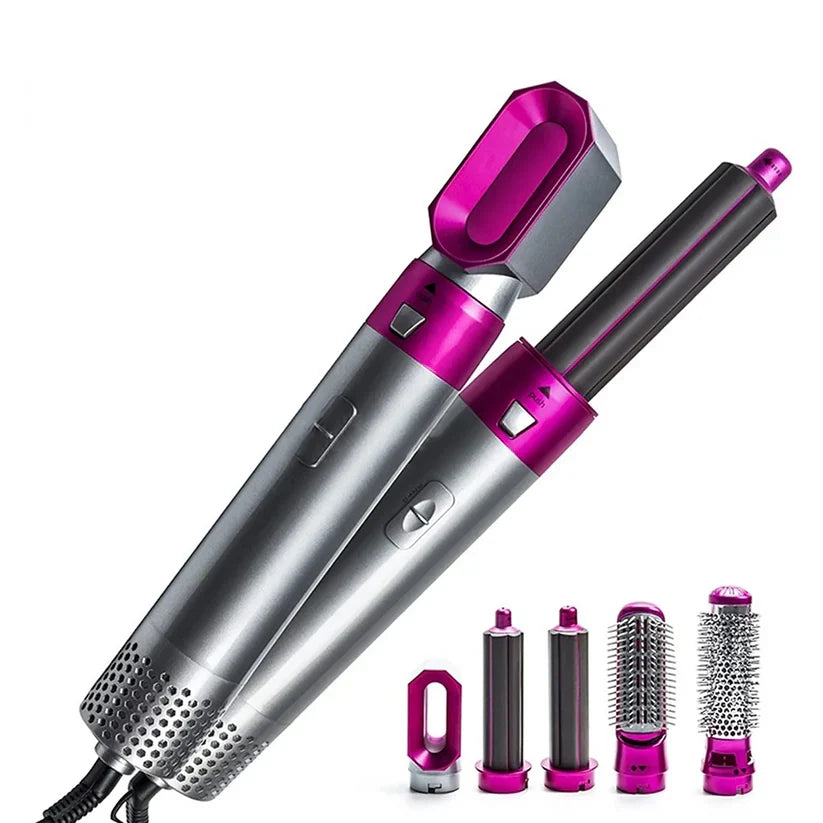 Grey and magenta One Step hair styling tool with five interchangeable attachments