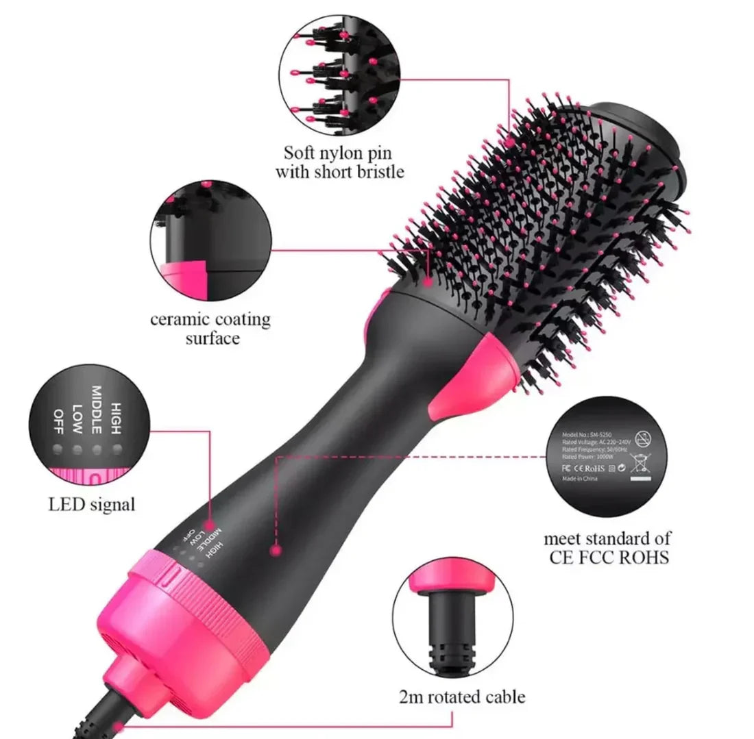 One Step Hot Air Brush showing bristles, handle settings and cord details