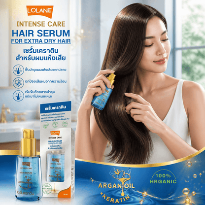 Lolane Intense Care Hair Serum shown with long hair and product packaging