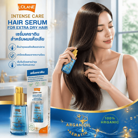 Lolane Intense Care Hair Serum shown with long hair and product packaging