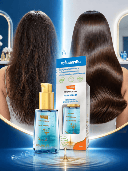 Lolane Intense Care Hair Serum bottle on blue water background