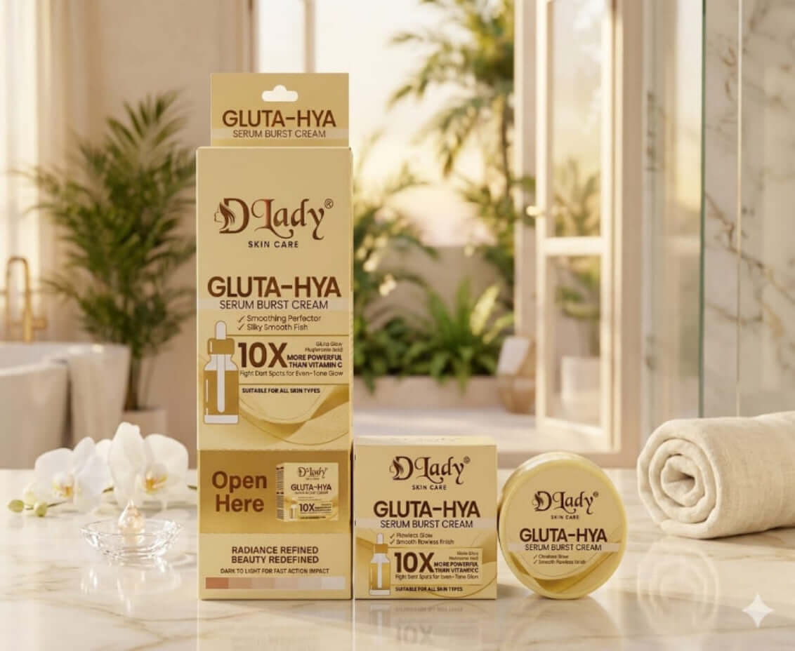 D Lady Gluta-Hya Serum Burst Cream displayed with its product and packaging in an elegant setting
