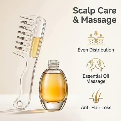 Hair oil applicator comb being used on parted hair