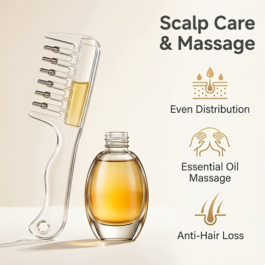 Hair oil applicator comb being used on parted hair