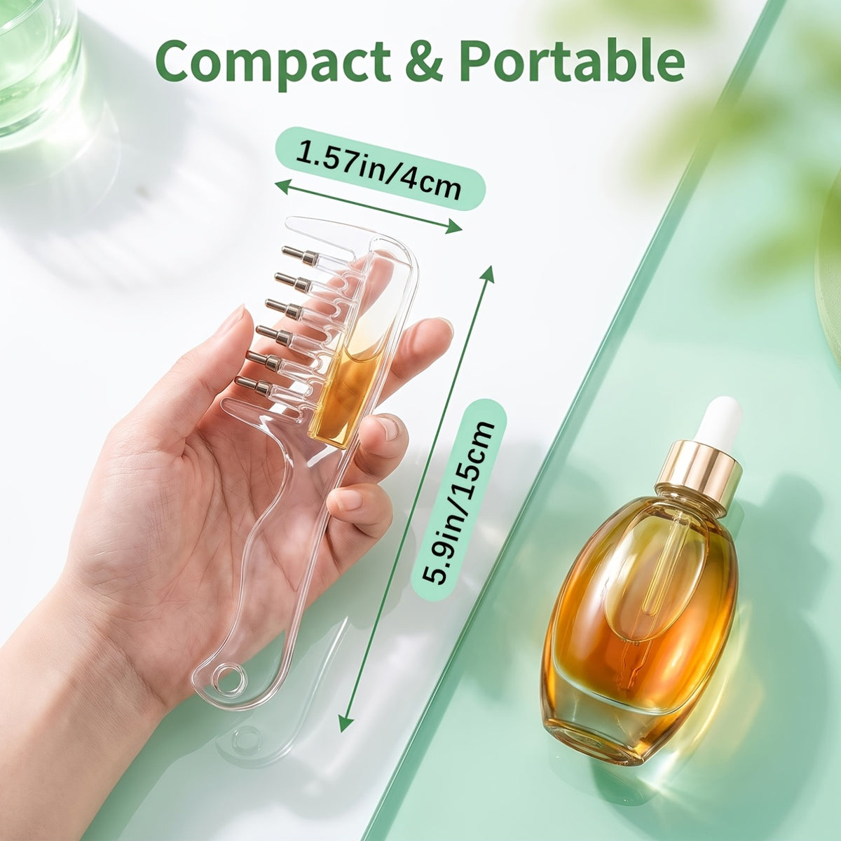 Scalp care applicator comb pictured beside an oil bottle