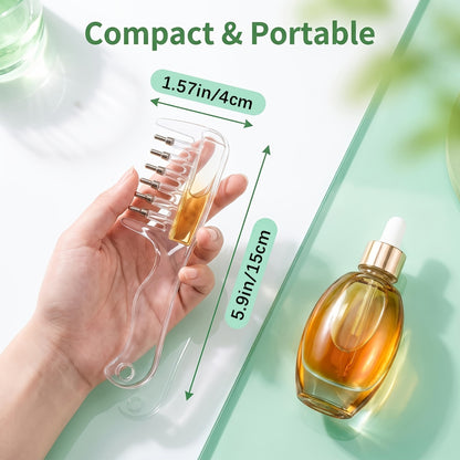 Scalp care applicator comb pictured beside an oil bottle