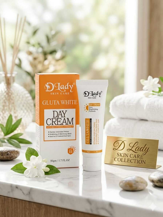 D Lady Gluta White Day Cream 50g in a white capped tube beside its orange-and-white box displaying an SPF 15 marking.