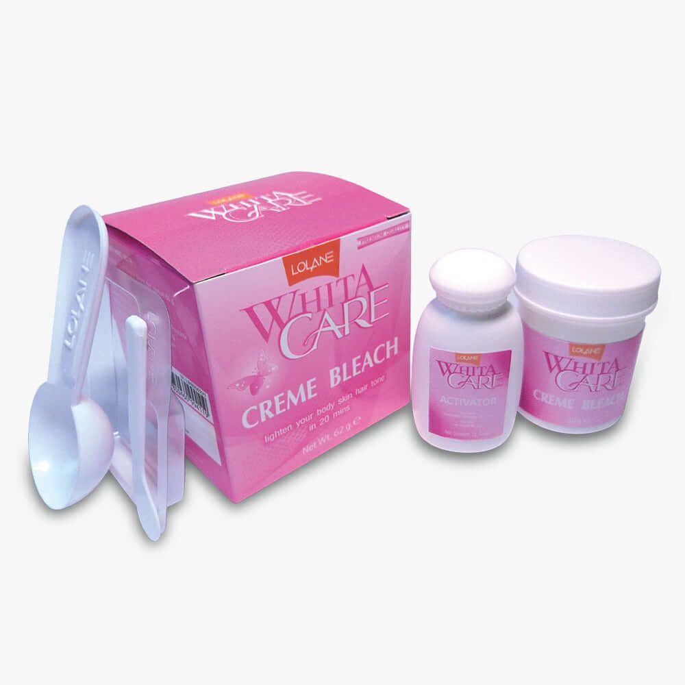 Lolane Whita Care Creme Bleach kit with box, activator bottle, cream jar, and applicator spoon