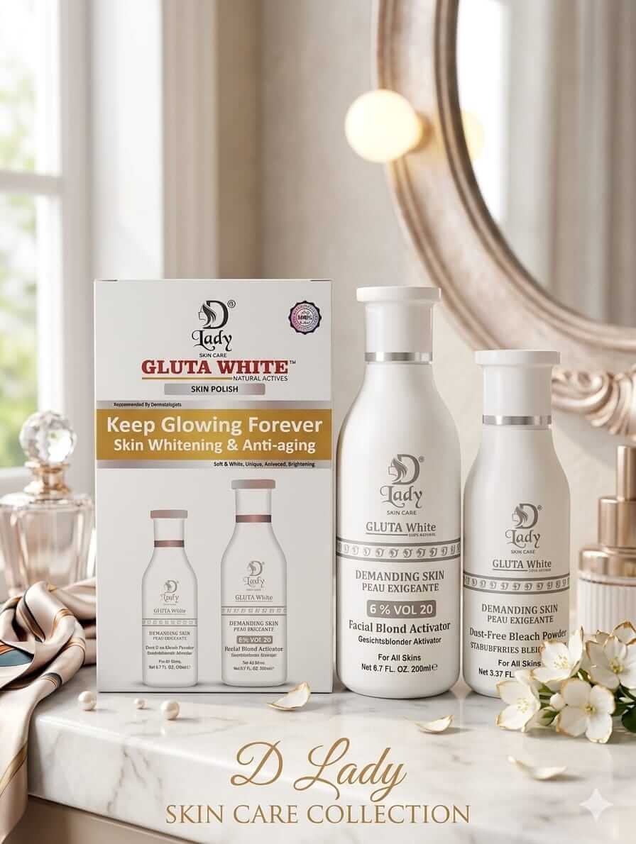 D Lady Gluta White Skin Polish box beside a 200 ml Facial Blond Activator bottle and a Dust-Free Bleach Powder bottle.