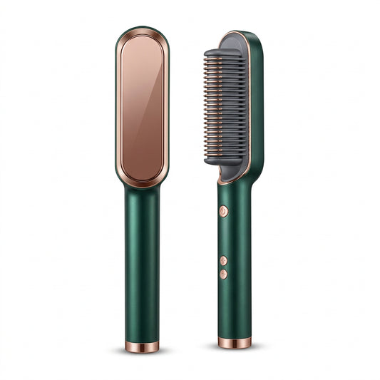 Green 2 in 1 hair straightener brush and styling comb with gold-tone accents