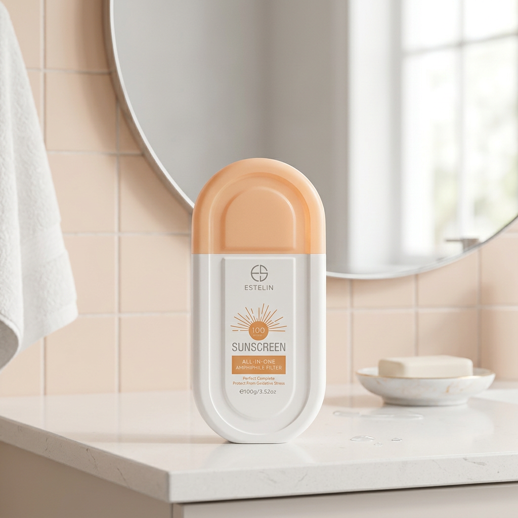 Estelin sunscreen on a bathroom vanity