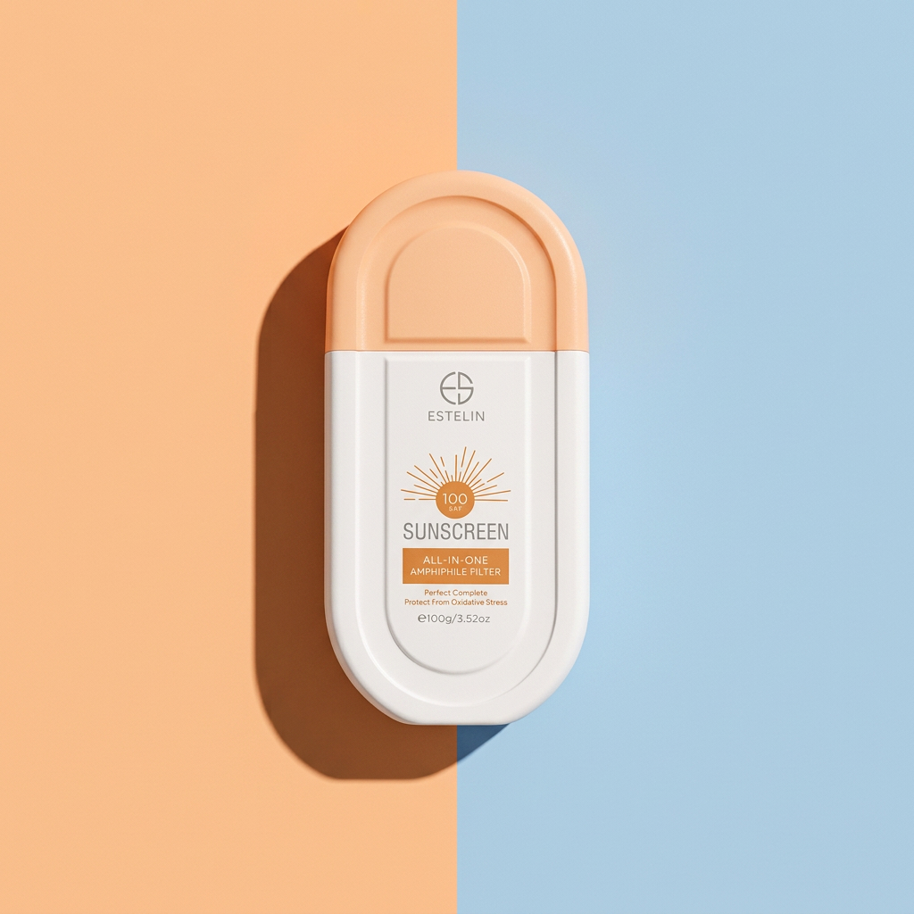 Estelin sunscreen on an apricot and blue background