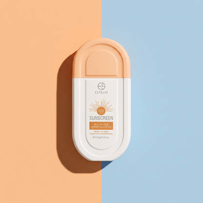 Estelin sunscreen on an apricot and blue background
