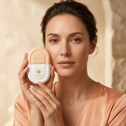 Female model holding sunscreen beside her cheek