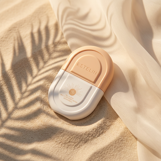 Sunscreen on sand with soft fabric and palm shadows